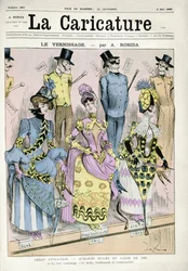 &39;Envernizar dia&39;, ilustração da revista &39;La Caricature&39;, 9 de maio de 1885 (gravura a cores)
